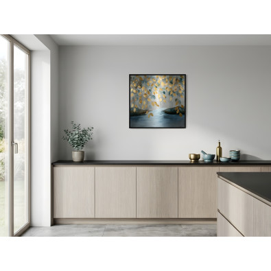 Tableau dans un cadre noir m&eacute;tallique abstraction feuilles salon chambre &agrave; coucher 30x30