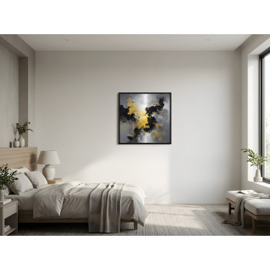 Tableau dans un cadre noir m&eacute;tallique abstraction b&eacute;ton dor&eacute; salon chambre &agrave; coucher 50x50