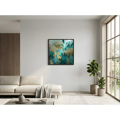 Tableau dans un cadre noir m&eacute;tallique, motif feuillage, style loft, salon ou chambre &agrave; coucher, 30 x 30