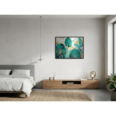 Tableau sur m&eacute;tal dans un cadre noir, motif feuillage, style loft, salon ou chambre &agrave; coucher, 120 x 80 cm