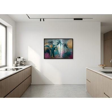 Tableau sur m&eacute;tal dans un cadre noir, motif &eacute;l&eacute;phant, style jungle, pour salon ou chambre &agrave; coucher, 120 x 80