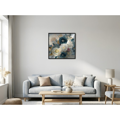 Tableau dans un cadre noir, fleurs m&eacute;talliques, style abstrait, pour loft, salon ou chambre &agrave; coucher, 30 x 30