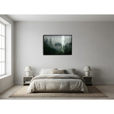 Tableau sur m&eacute;tal dans un cadre noir &laquo; For&ecirc;t dans le brouillard &raquo; &ndash; d&eacute;cor naturel pour salon ou chambre &agrave; coucher &ndash; 120 x 80