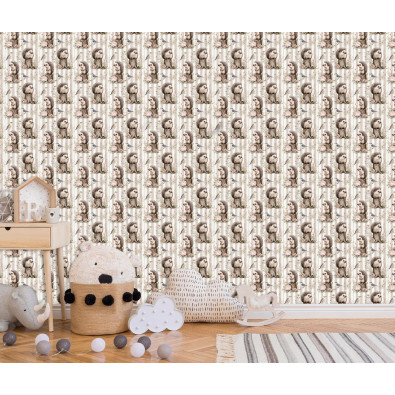 Papier peint pour chambre d'enfant : h&eacute;rissons marron et rayures beiges pour les murs