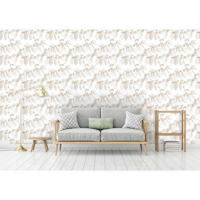 Papier peint &agrave; motifs de feuilles beiges sur intiss&eacute; pour le salon ou la chambre &agrave; coucher