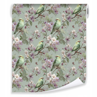 Papier peint fleurs et oiseaux sur intissé pour le salon ou la chambre à coucher