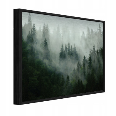 Tableau sur m&eacute;tal dans un cadre noir &laquo; For&ecirc;t dans le brouillard &raquo; &ndash; d&eacute;cor naturel pour salon ou chambre &agrave; coucher &ndash; 120 x 80