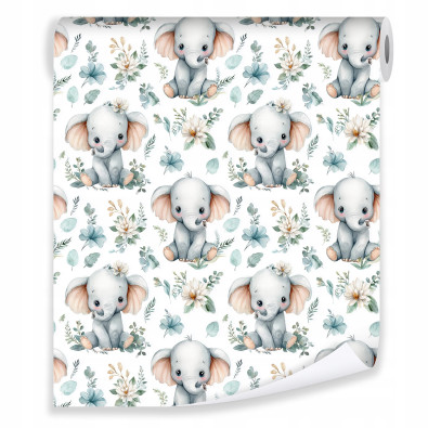 Papier peint bleu pour enfants &laquo; &Eacute;l&eacute;phant et feuilles &raquo; pour la chambre d'enfant