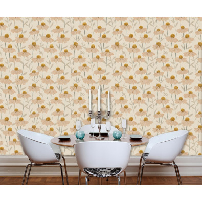 Papier peint &agrave; fleurs beiges sur intiss&eacute; pour le salon ou la chambre &agrave; coucher