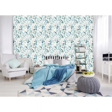 Papier peint feuilles bleues aquarelle sur intissé mur salon chambre à coucher