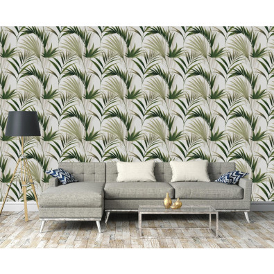 Papier peint feuilles herbe bohème tropical sur intissé mur salon chambre à coucher