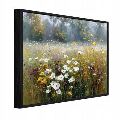 Tableau sur toile dans un cadre noir : fleurs des champs, prairie, salon, chambre à coucher, 40 x 30