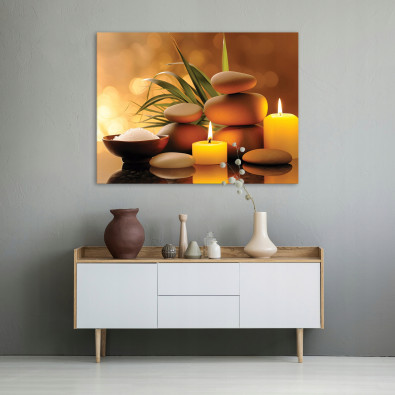 Tableau repr&eacute;sentant des pierres de spa et des bougies pour une chambre, un salon ou un espace de massage, sur toile, 40 x 30 cm