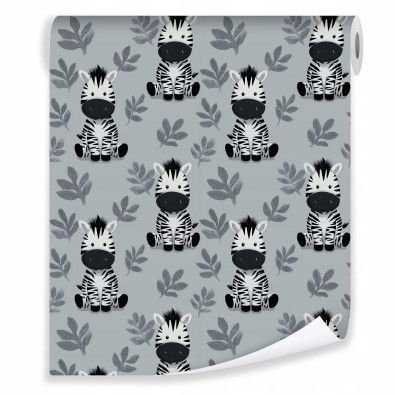 Papier peint bleu pour enfants avec motif z&egrave;bre et feuilles, pour la chambre d'enfant