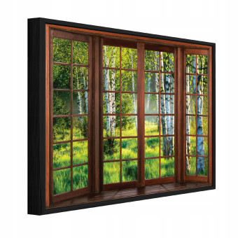Tableau sur toile dans un cadre noir, motif « Fenêtre 3D » représentant une forêt de bouleaux, pour le salon ou la chambre à coucher, 100 x 70 cm