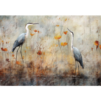 15023 - œuvre abstraite représentant des oiseaux et des hérons