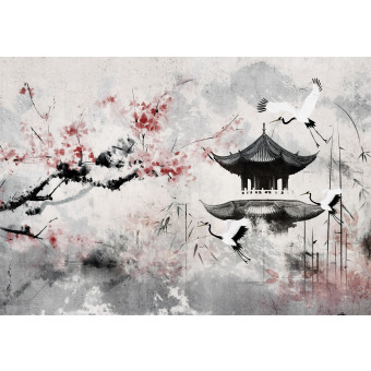 15387 - fleurs de cerisier, grues, Asie