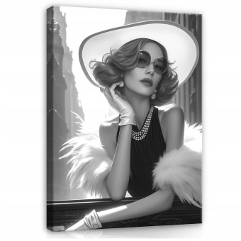 Tableau femme au chapeau noir et blanc sur toile pour chambre à coucher ou salon 120x80