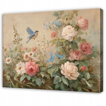 Tableau « Fleurs, roses et oiseaux » style bohème, couleur beige, pour chambre à coucher ou salon, sur toile, 60 x 40 cm