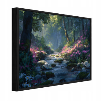 Tableau dans un cadre noir sur toile forêt nature rivière salon chambre à coucher 60x40