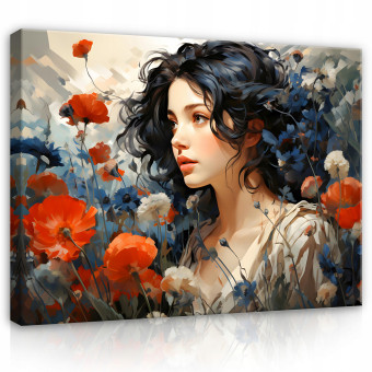 Tableau femme fleurs coquelicots sur toile murale pour salon chambre à coucher grand format 100x70