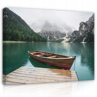 Tableau bateau lac montagnes sur toile murale 100x70