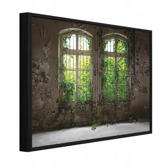 Tableau sur toile dans un cadre noir : fenêtre, 3D, forêt, bâtiment, salon, chambre à coucher, 100 x 70
