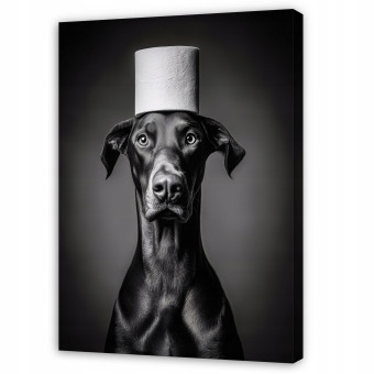Tableau pour salle de bains et WC : chien rigolo avec du papier toilette, sur toile, 60 x 40