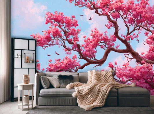 Papier peint mural &laquo; Arbre de sakura et ciel rose &raquo; pour chambre &agrave; coucher ou salon, papier peint intiss&eacute;