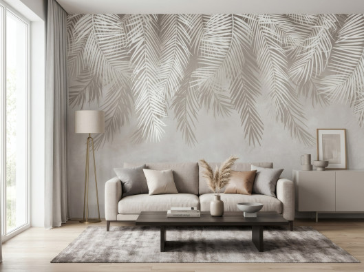 Papier peint feuilles de palmier et plumes pour chambre &agrave; coucher ou salon, papier peint mural 400 x 280