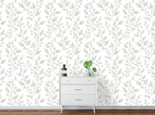 Papier peint gris &agrave; motifs de feuilles sur intiss&eacute; pour le salon ou la chambre &agrave; coucher