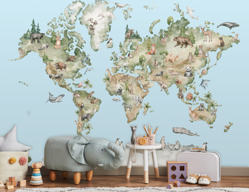 Papier peint mural : carte du monde avec des animaux, bleu, chambre d'enfant