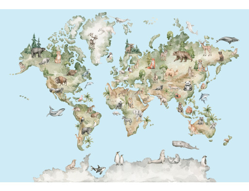 Papier peint mural : carte du monde avec des animaux, bleu, chambre d'enfant