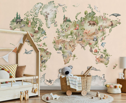 Papier peint mural repr&eacute;sentant une carte du monde avec des animaux, couleur beige, pour chambre d'enfant