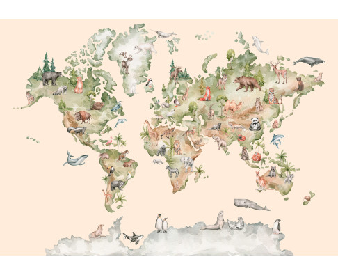 Papier peint mural repr&eacute;sentant une carte du monde avec des animaux, couleur beige, pour chambre d'enfant