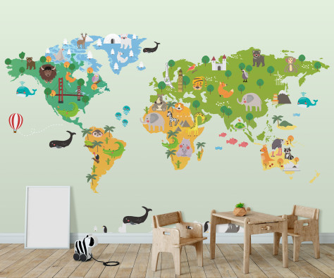 Papier peint mural : carte du monde en version bande dessin&eacute;e avec des animaux, pour chambre d'enfant, vert