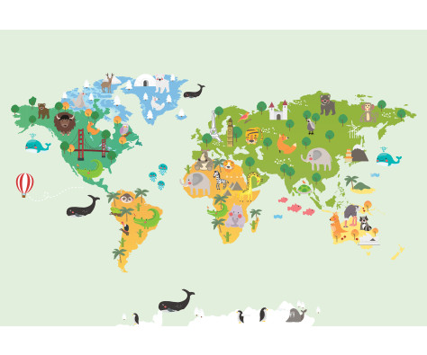 Papier peint mural : carte du monde en version bande dessin&eacute;e avec des animaux, pour chambre d'enfant, vert