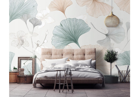 Papier peint abstrait avec des feuilles de ginkgo pour la chambre &agrave; coucher ou le salon 400x280