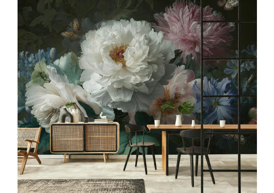 Papier peint photo fleurs pivoines sur fond noir pour la chambre &agrave; coucher ou le salon 400x280