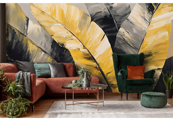 Papier peint abstrait feuilles jaune noir pour la chambre &agrave; coucher salon 400x280