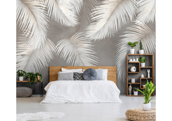 Papier peint photo feuilles suspendues plumes b&eacute;ton pour mur chambre salon 400x280