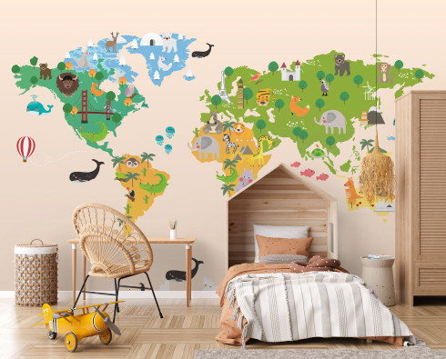 Papier peint mural repr&eacute;sentant une carte du monde de bande dessin&eacute;e avec des animaux, couleur beige, pour chambre d'enfant