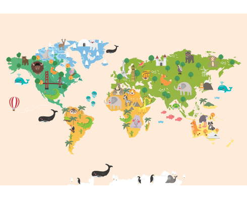 Papier peint mural repr&eacute;sentant une carte du monde de bande dessin&eacute;e avec des animaux, couleur beige, pour chambre d'enfant