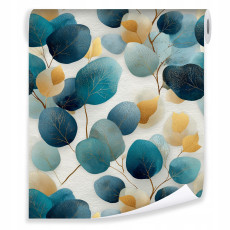 Papier peint feuilles bleues dorées glamour sur intissé mur salon chambre à coucher