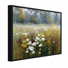 Tableau sur toile dans un cadre noir : fleurs des champs, prairie, salon, chambre à coucher, 90 x 60