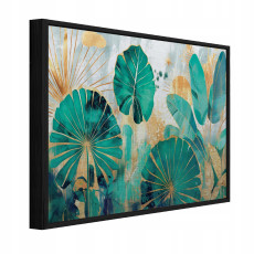 Tableau sur métal dans un cadre noir, motif feuillage, style loft, salon ou chambre à coucher, 120 x 80 cm