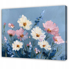 Tableau « Fleurs des champs » à l'aquarelle, bleu, pour chambre à coucher ou salon, sur toile, 60 x 40 cm