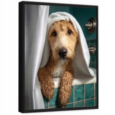Tableau sur toile dans un cadre noir pour la salle de bain : chien rigolo dans une baignoire, 40 x 30 cm