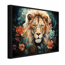 Tableau sur toile dans un cadre noir : lion, animaux, salon, chambre à coucher, 100 x 70