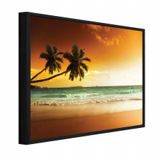 Tableau dans un cadre noir sur toile : plage, palmiers, mer, salon, chambre à coucher, 40 x 30
